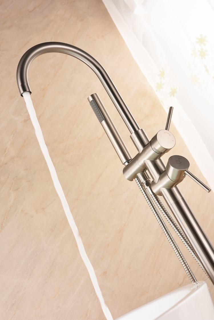 Bathroom Brass Brush Nickel Floor Mounted Tub Filler Freestanding Bath Tub Shower Faucet