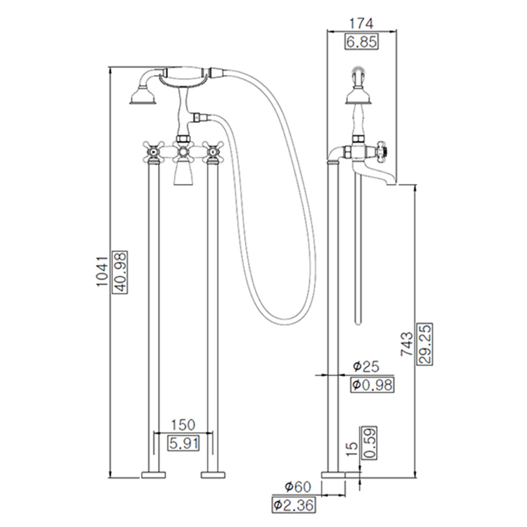 Bathrooms Classical Telephone Style Free Standing Tub Brass Faucet Cross 3 Handle Tub Faucet
