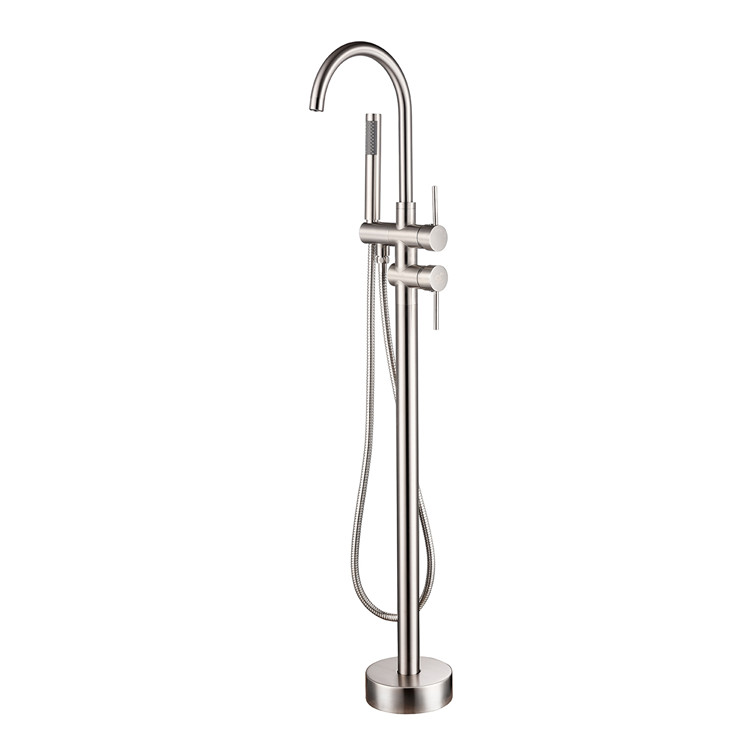 Bathroom Brass Brush Nickel Floor Mounted Tub Filler Freestanding Bath Tub Shower Faucet