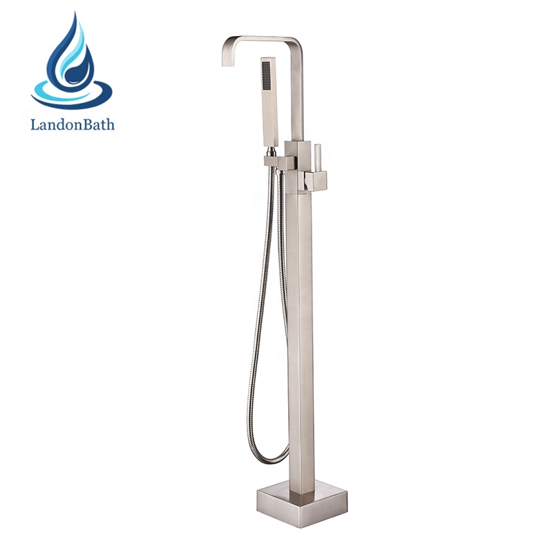 UK Bathroom Brushed Nickel Floor Mount Free Standing Bathtub Tap Faucet Shower System Set