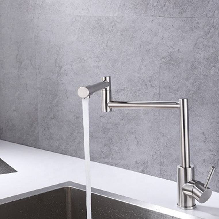 Folding Kitchen Faucet Stretchable Swing Arm Brushed Single Hole Single Handle Deck Mounted Cold & Hot Kitchen Sink Faucet