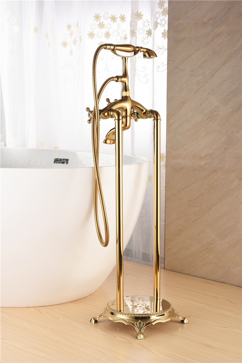 Gold Color Cast Iron Bathtub Bathroom Faucet Floor Mount Clawfoot Tub Faucet Mixer Tap Spout Shower