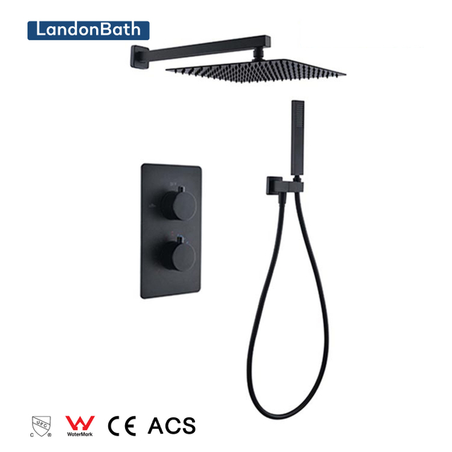 Black All Copper Square Flush Mounted Wall Shower Shower Set Three Function Embedded Shower Faucet