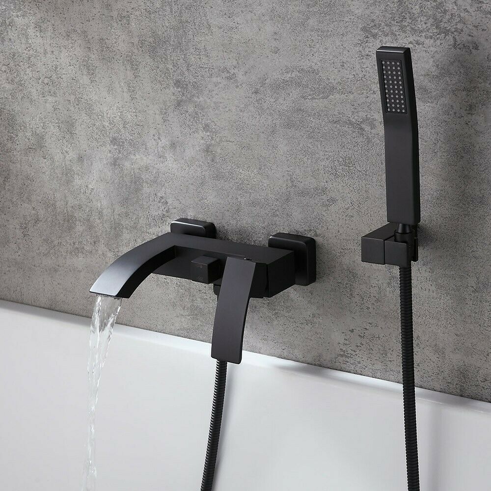 Waterfall Shower Faucet with Handheld Wand Matte Black Bathtub Filler Wall Mount