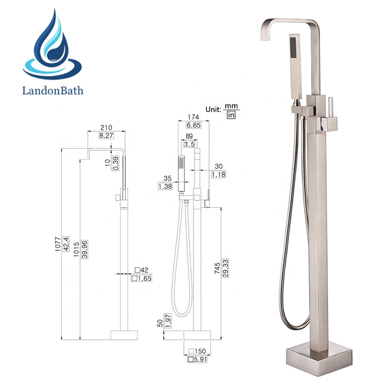 UK Bathroom Brushed Nickel Floor Mount Free Standing Bathtub Tap Faucet Shower System Set