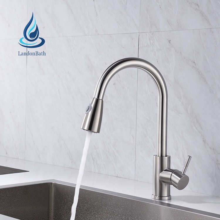 Professional kitchen faucet supplier 304 stainless steel gooseneck pull out single lever sink kitchen faucet mixer water tap
