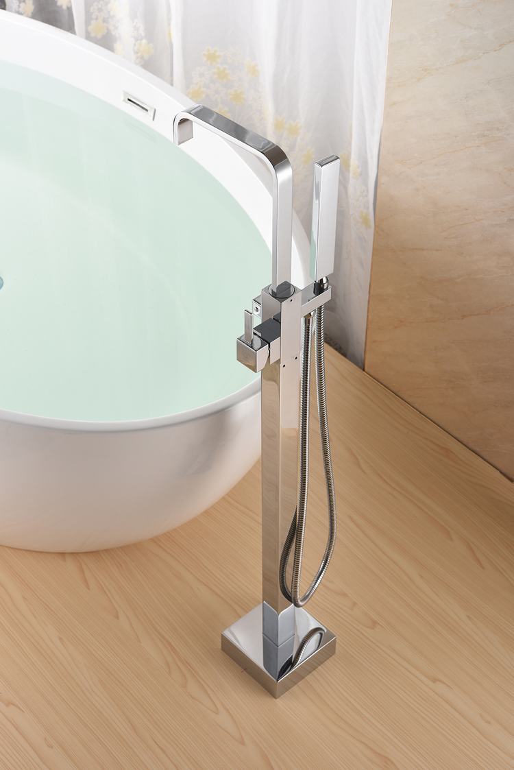Square Chrome Bathtub Mixer Tap Brass Bathroom Copper Floor Mount Freestanding Tub Filler