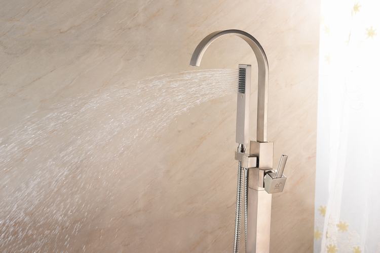 Freestanding Bathtub Faucet Tub Filler Brushed Nickel Floor Mount Brass Single Handle Bathroom Faucets With Hand Shower