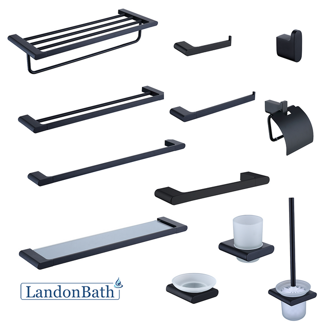 Matt Black Towel Bar Set Towel Rod Rack Rob Hook Cup Bathroom Hardware Kit 25Series