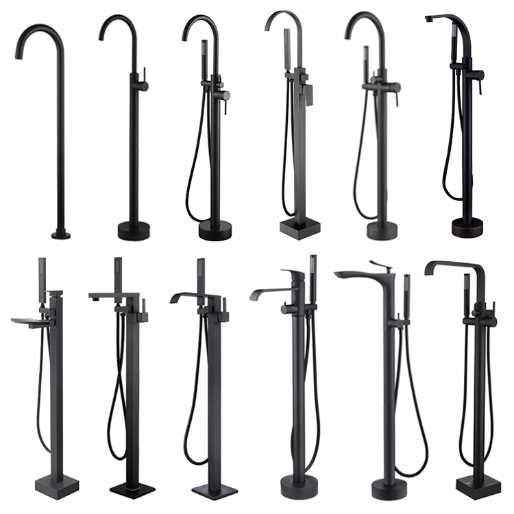 Modern Electroplated Matte Black Stand bathtub Alone Bathroom Free Floor Standing Bath Faucet Tap Mixer Shower
