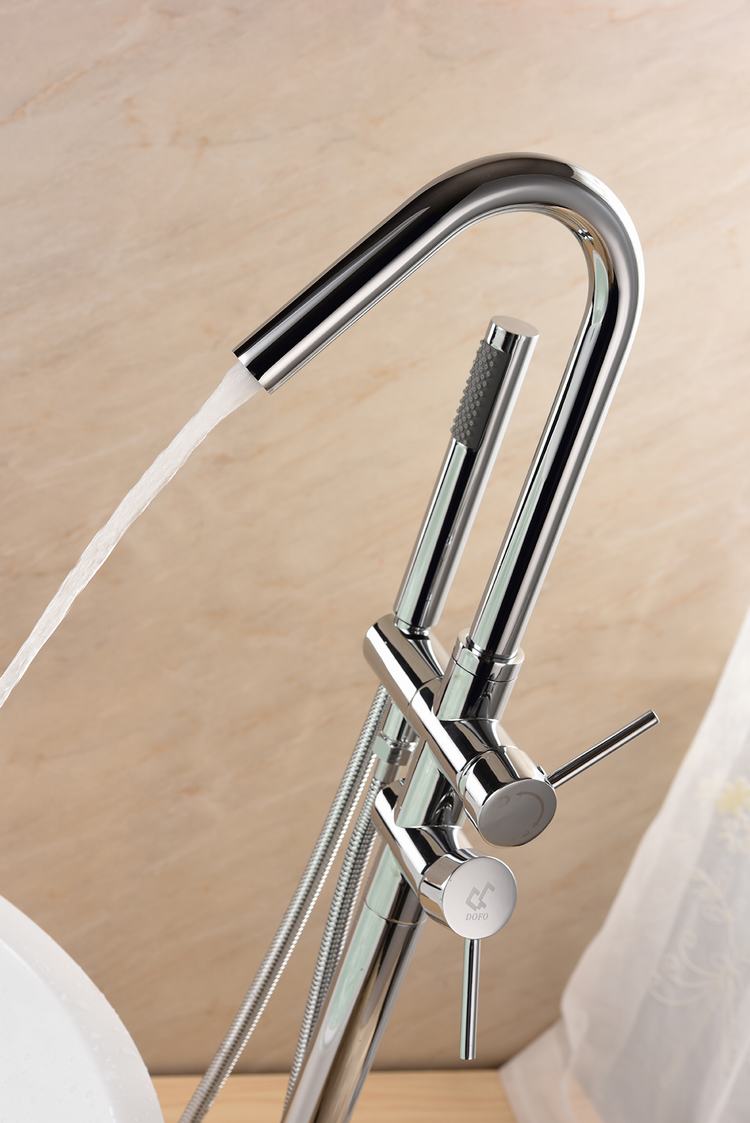 Floor Standing Tub Filler Modern Design Brass Stand Alone Double Handles Bathtub Faucet Floor Stand