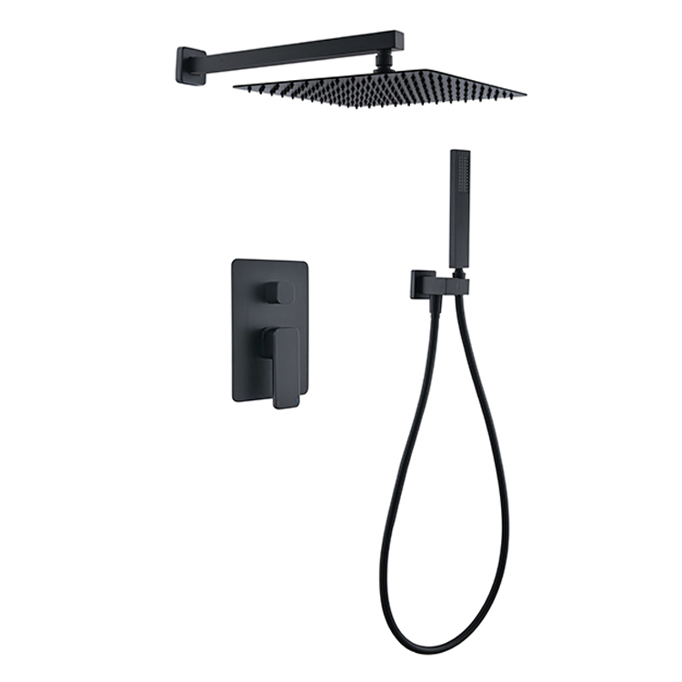 Hotel Bathroom Brass Concealed Wall Mounted Matte Black Hot And Cold Water Rainfall Rain Head Mixer Set With Handheld Shower