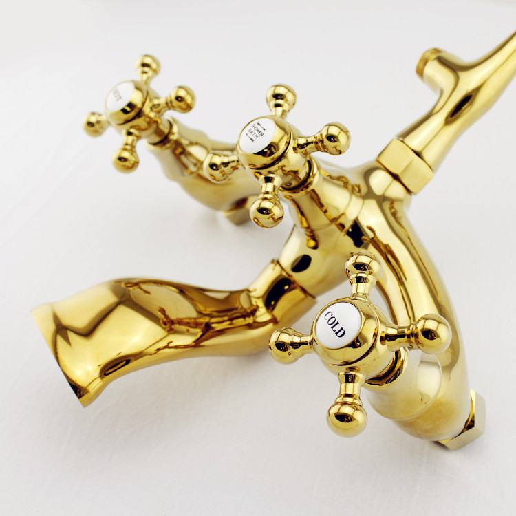 French Gold Thermostatic Deck-Mount Roman Bathtub Faucet