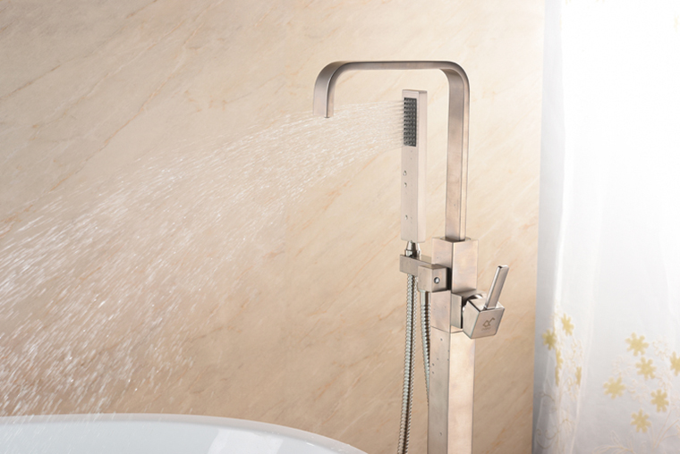 UK Bathroom Brushed Nickel Floor Mount Free Standing Bathtub Tap Faucet Shower System Set
