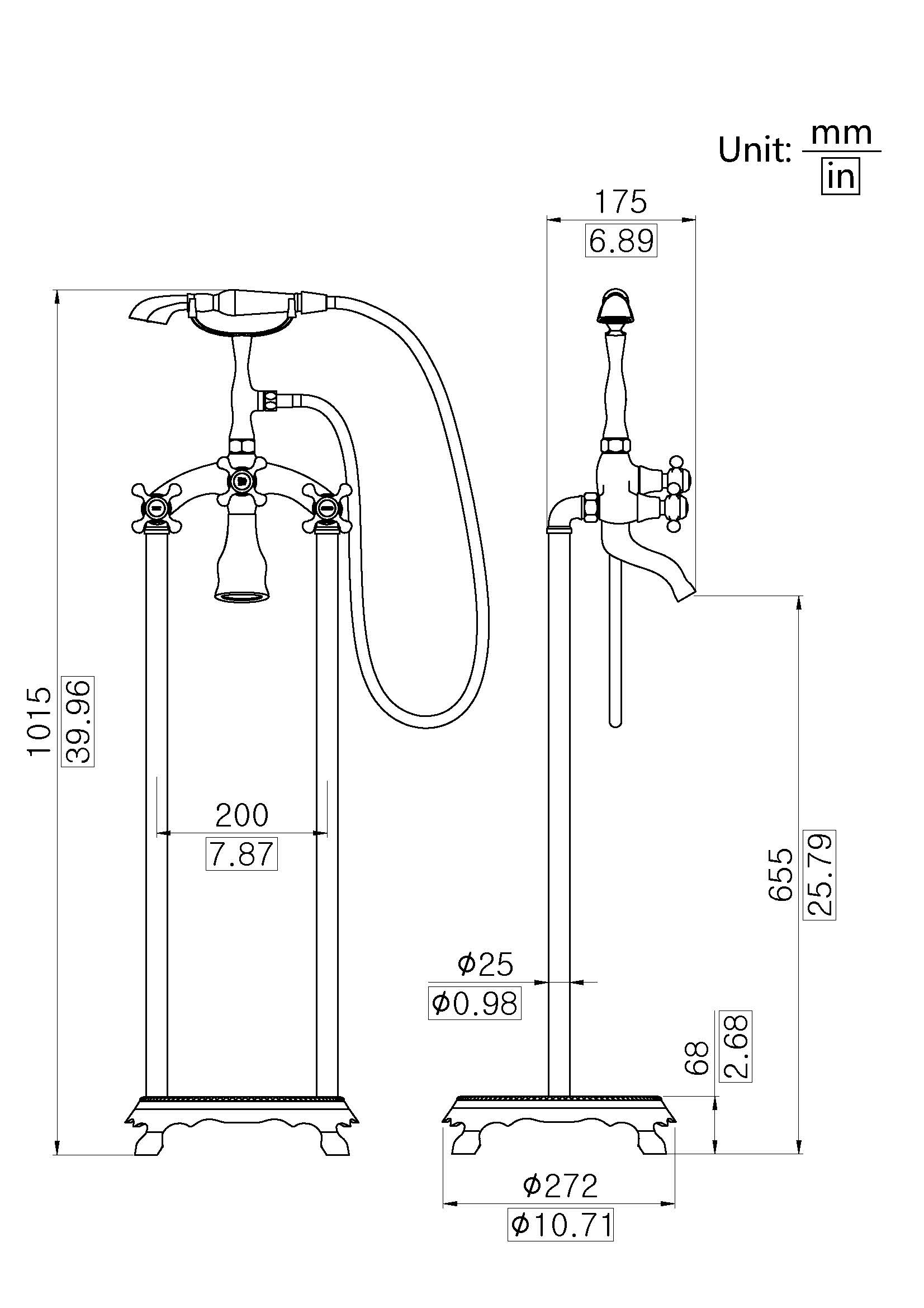 Antique Color Design Copper Hot Tap Free Standing Mixer Faucet for Claw Foot Bathtub