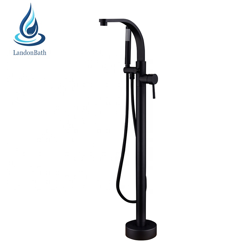 Modern Design Single Handle Floor Free Stand Black Bathtub Faucet Matte Black Bath Shower Faucet With Hand Shower