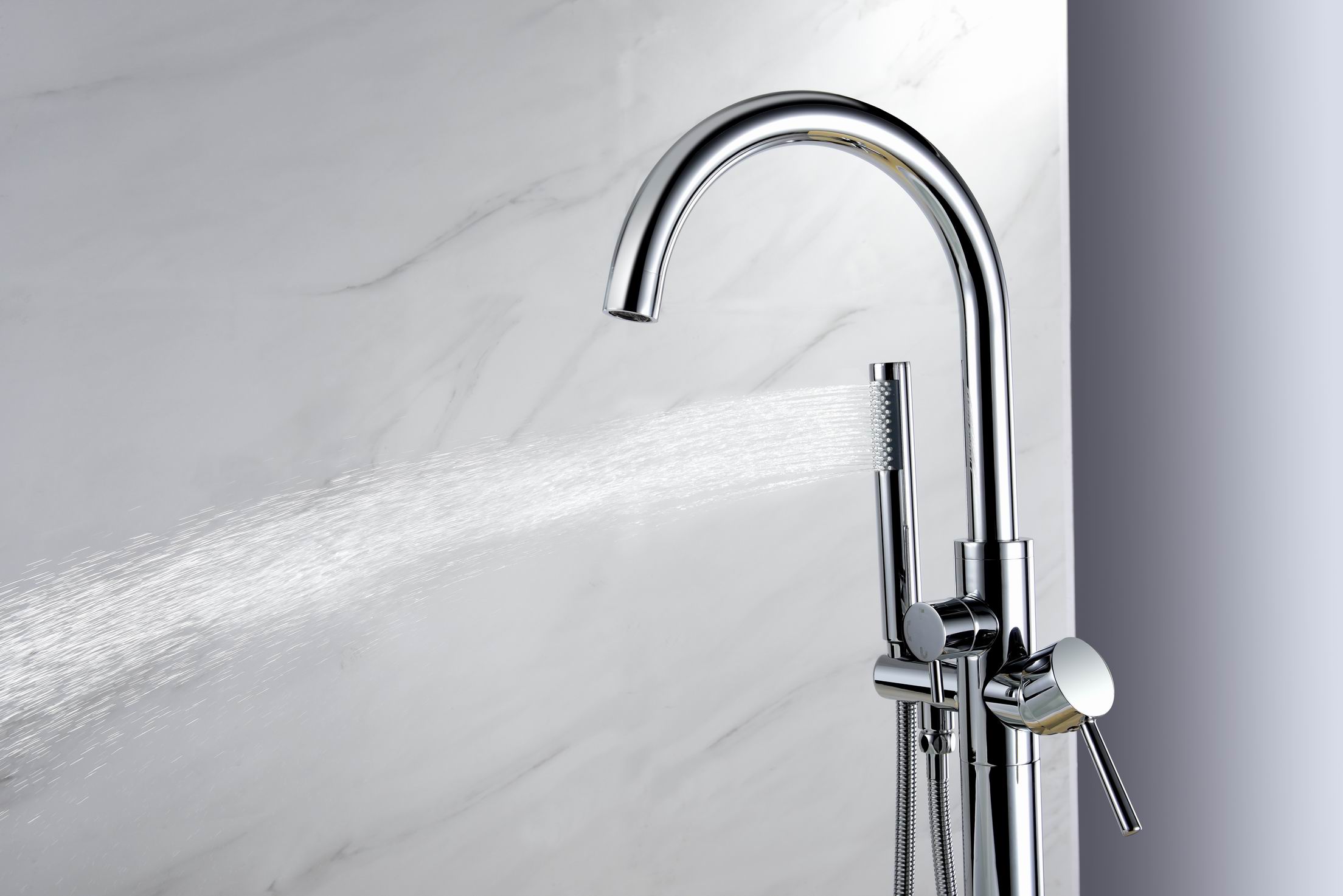 CUPC Certified Chrome High Flow Freestanding Tub Filler Bathtub Floor Brass Bathroom Faucets with Hand Shower