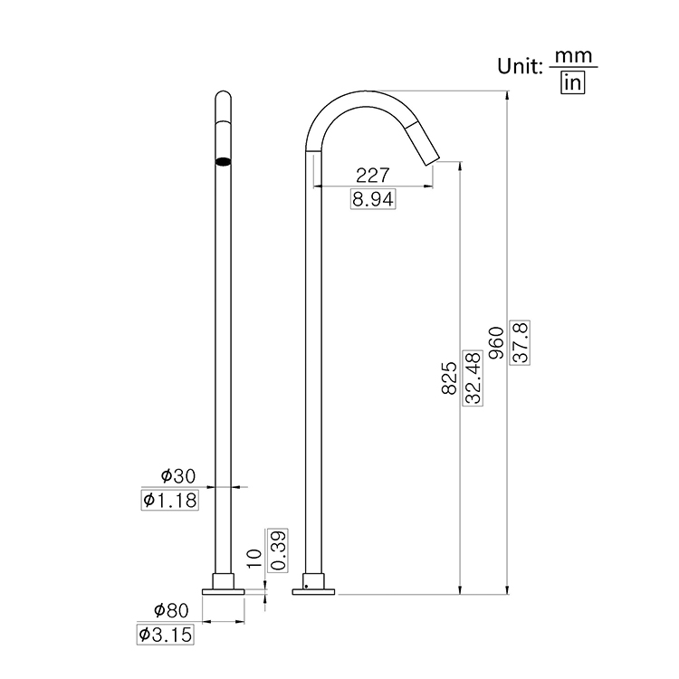 Freestanding Round Goose Neck Floor Mounted Free Standing Bath Spout