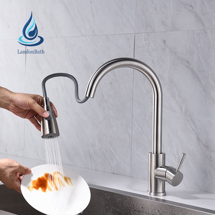 Professional kitchen faucet supplier 304 stainless steel gooseneck pull out single lever sink kitchen faucet mixer water tap