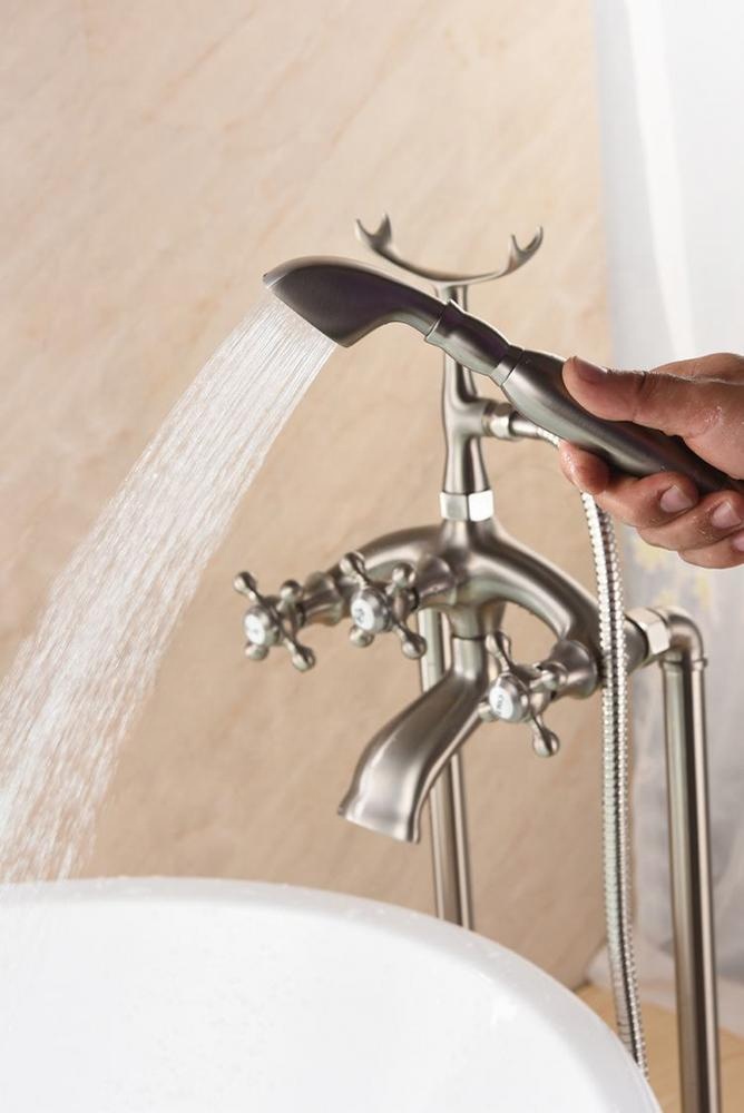 Free Standing Brushed Nickel Bathtub Faucet Triple Handle Floor Mounted Tub Sink Mixer Faucet Brass Bathroom Bath Shower Set Tap