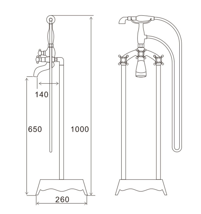 Telephone Style Floor Mounted Tub Filler with Cross Handles Include Personal Hand Shower Brass Faucet