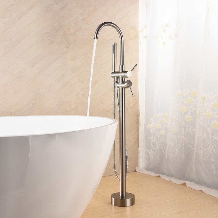 Bathroom Brass Brush Nickel Floor Mounted Tub Filler Freestanding Bath Tub Shower Faucet