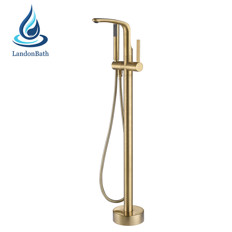French Gold Pull-Out Single Hole Floor-Mount Bathtub Faucet