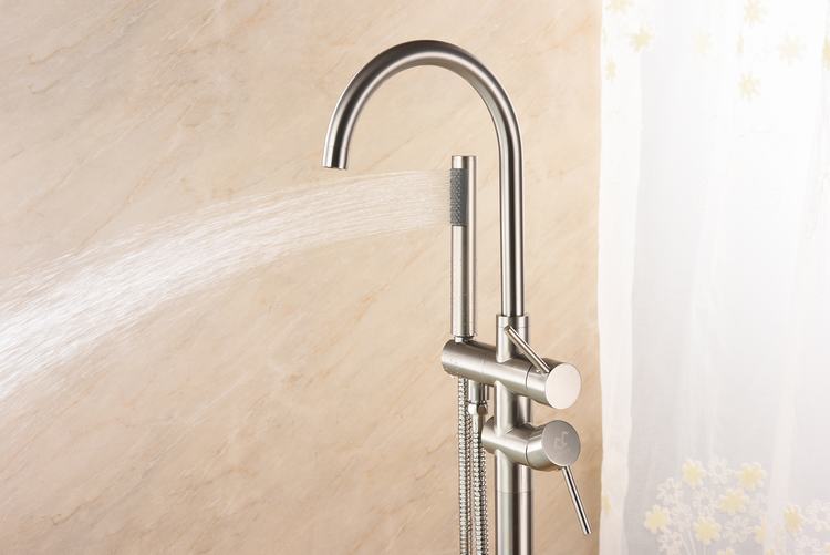 Bathroom Brass Brush Nickel Floor Mounted Tub Filler Freestanding Bath Tub Shower Faucet