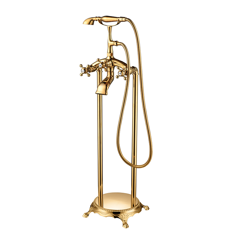 Gold Color Cast Iron Bathtub Bathroom Faucet Floor Mount Clawfoot Tub Faucet Mixer Tap Spout Shower