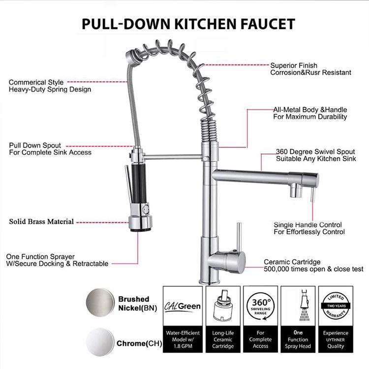 Commercial Brass Chrome Water Tap Adjustable Kitchen Sink Faucet