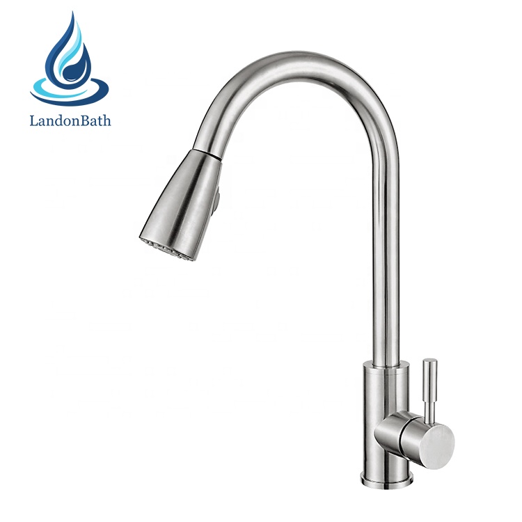 Brushed Mixer Faucet Single Hole Pull Out Spout Kitchen Sink Mixer Tap with Stream Sprayer Head