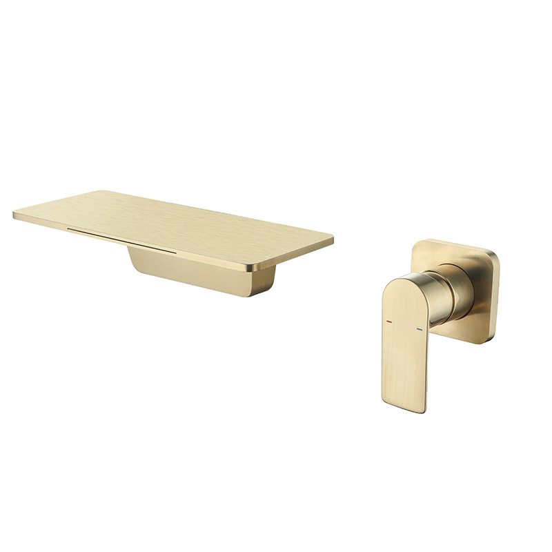 Wall Mounted Brushed Gold Bathroom Mixer Tap Waterfall Golden Basin Faucet