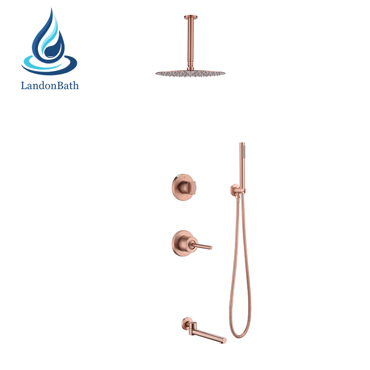 Rose Golden Copper Hot And Cold Concealed Top Mounted Rainfall Head Wall Control Shower