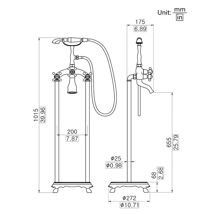 Chrome Floor Mount Tub Filler Bathroom Mixing Tap With Tel Handheld Shower Freestanding Triple Cross Knob Handle Bathtub Faucet