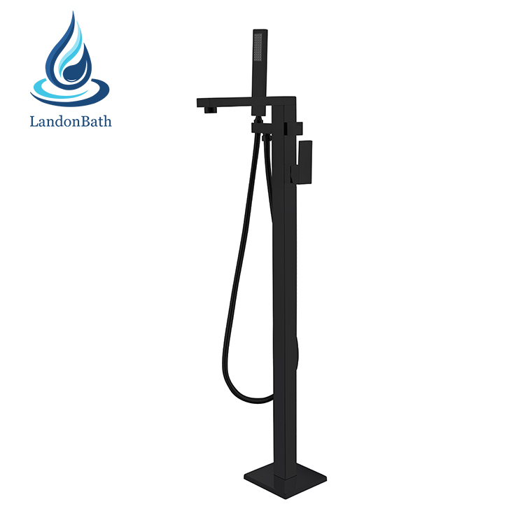Matte Black Bathroom Floor Mount Bath Clawfoot Tub Filler Faucet Handshower Bathtub Tap Square