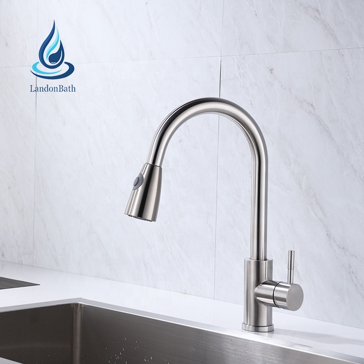 Professional kitchen faucet supplier 304 stainless steel gooseneck pull out single lever sink kitchen faucet mixer water tap