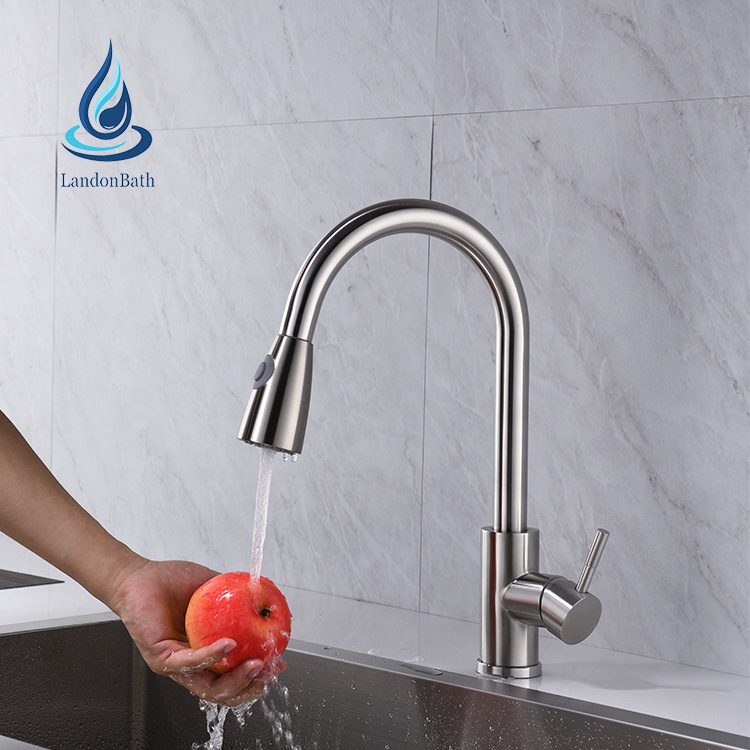 Professional kitchen faucet supplier 304 stainless steel gooseneck pull out single lever sink kitchen faucet mixer water tap
