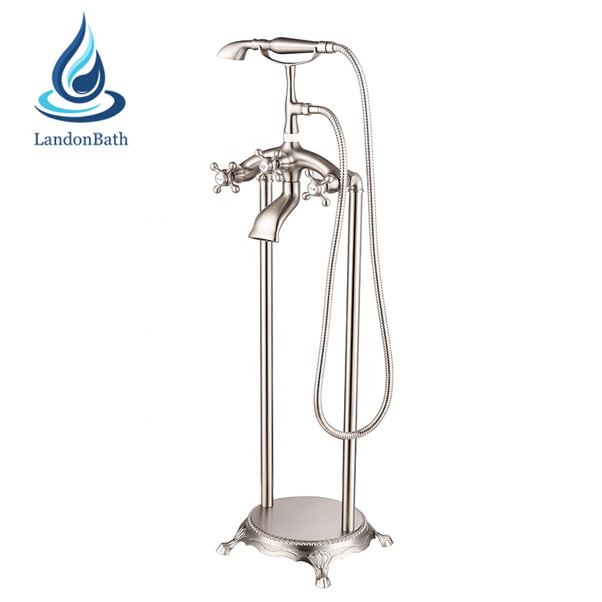 Free Standing Brushed Nickel Bathtub Faucet Triple Handle Floor Mounted Tub Sink Mixer Faucet Brass Bathroom Bath Shower Set Tap