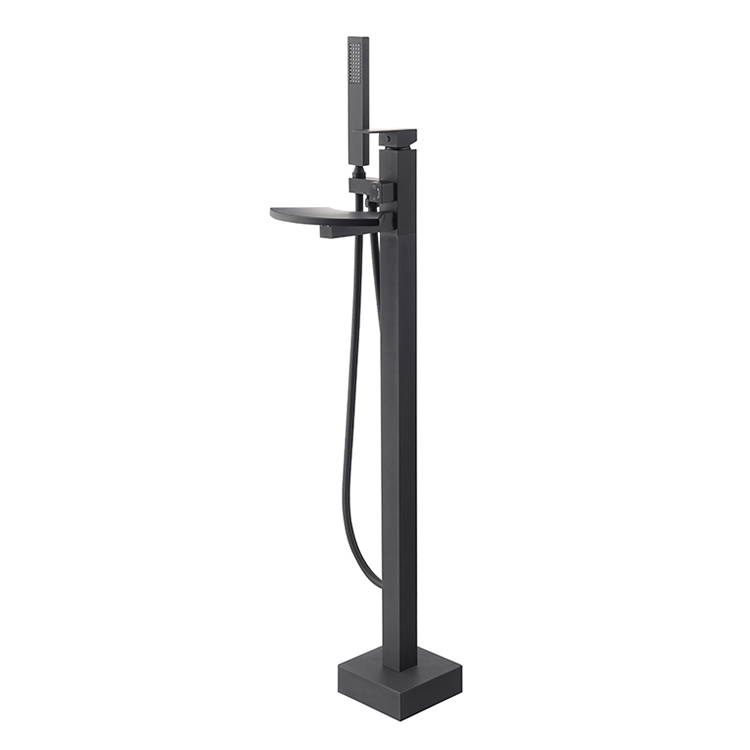 Black Square Single Lever Brass Mixer Tap Freestanding Tub Filler Floor Mounted Single Handle Waterfall Bathtub Faucet