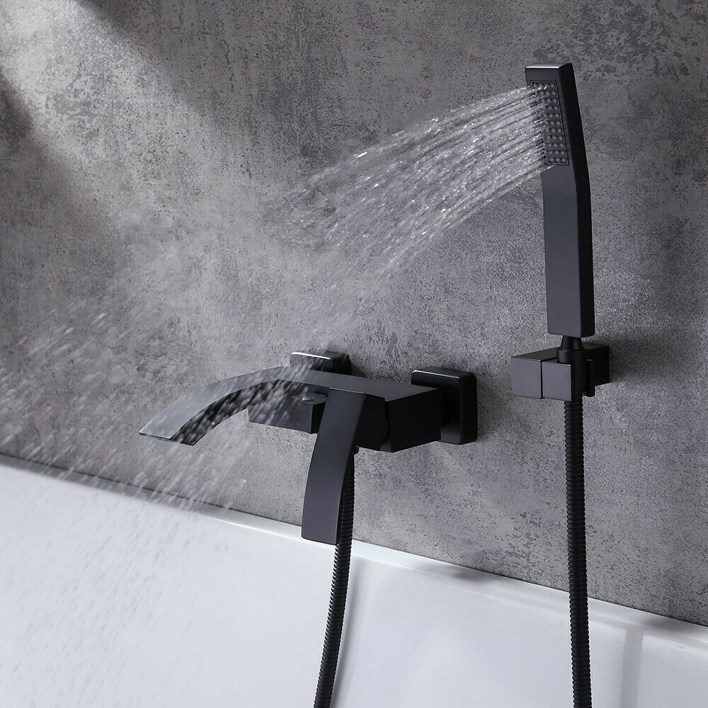 Waterfall Shower Faucet with Handheld Wand Matte Black Bathtub Filler Wall Mount