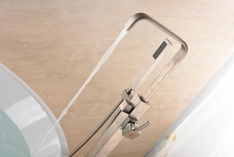 UK Bathroom Brushed Nickel Floor Mount Free Standing Bathtub Tap Faucet Shower System Set