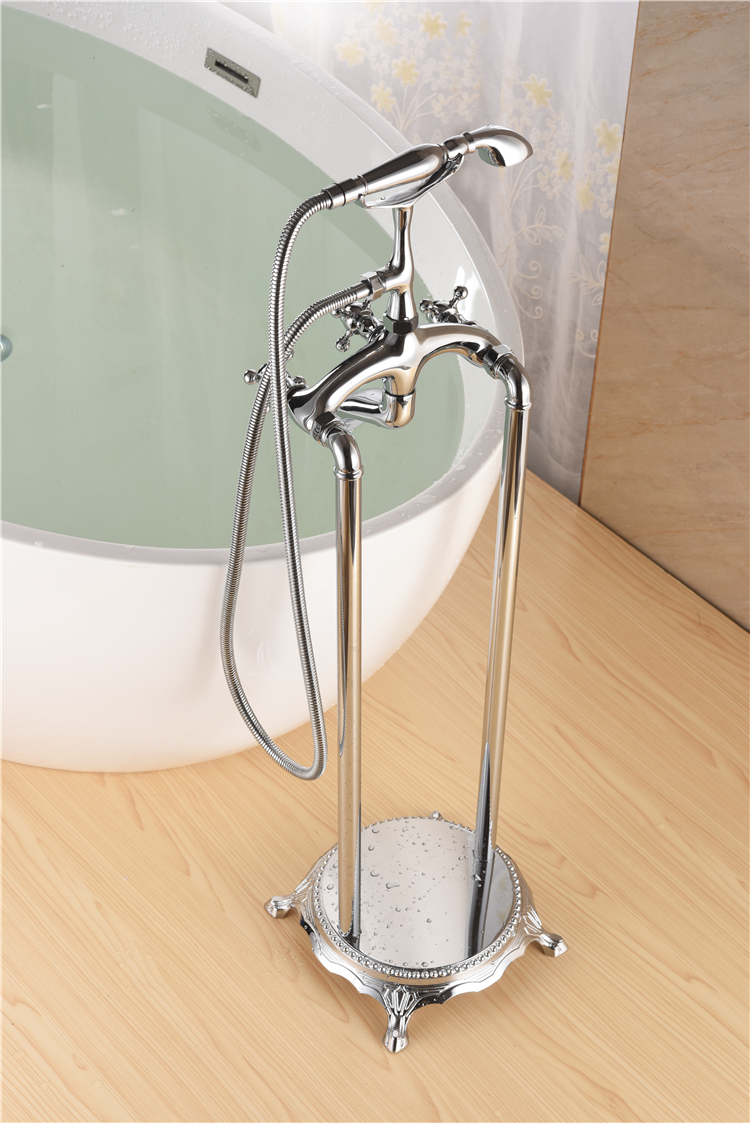 Chrome Floor Mount Tub Filler Bathroom Mixing Tap With Tel Handheld Shower Freestanding Triple Cross Knob Handle Bathtub Faucet