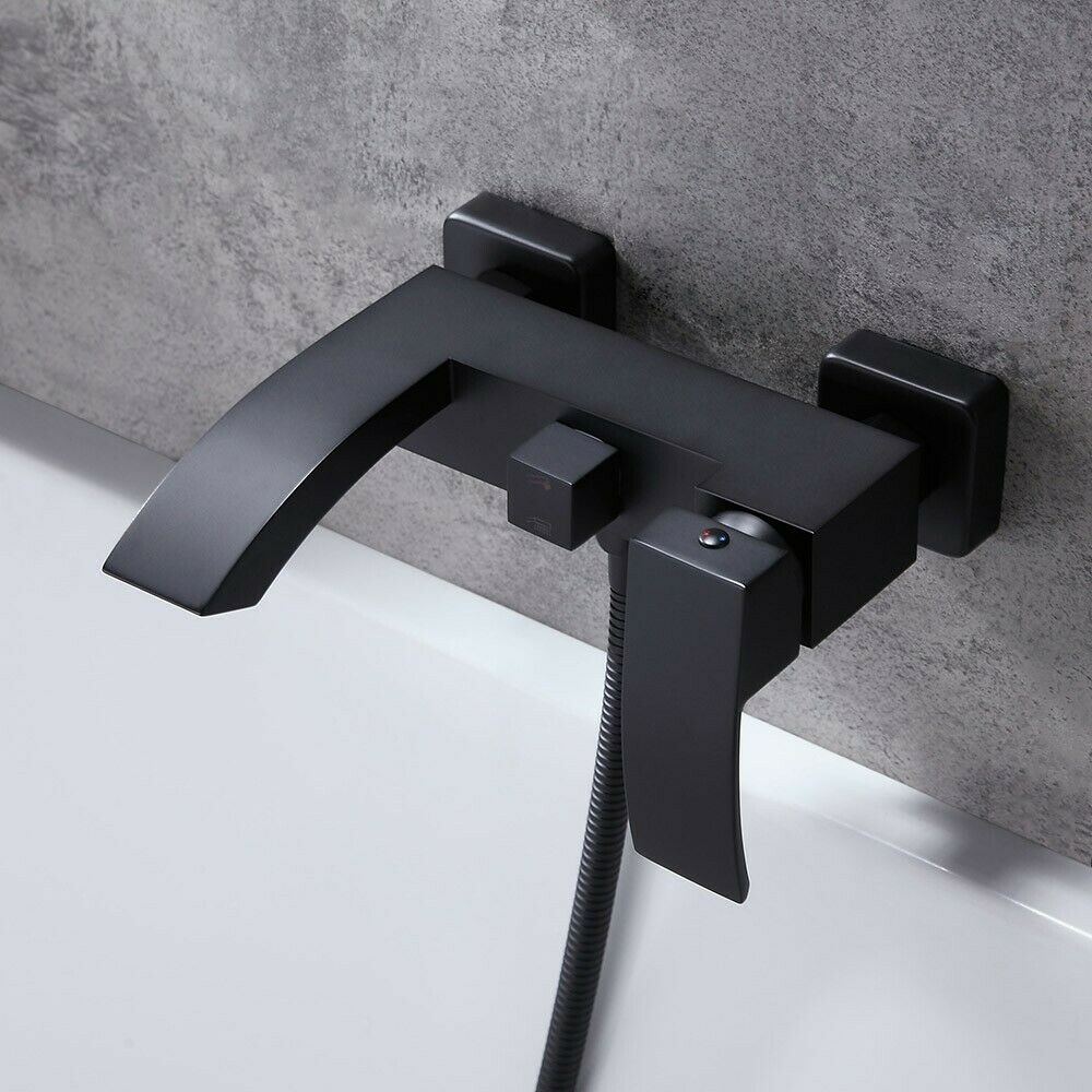 Waterfall Shower Faucet with Handheld Wand Matte Black Bathtub Filler Wall Mount