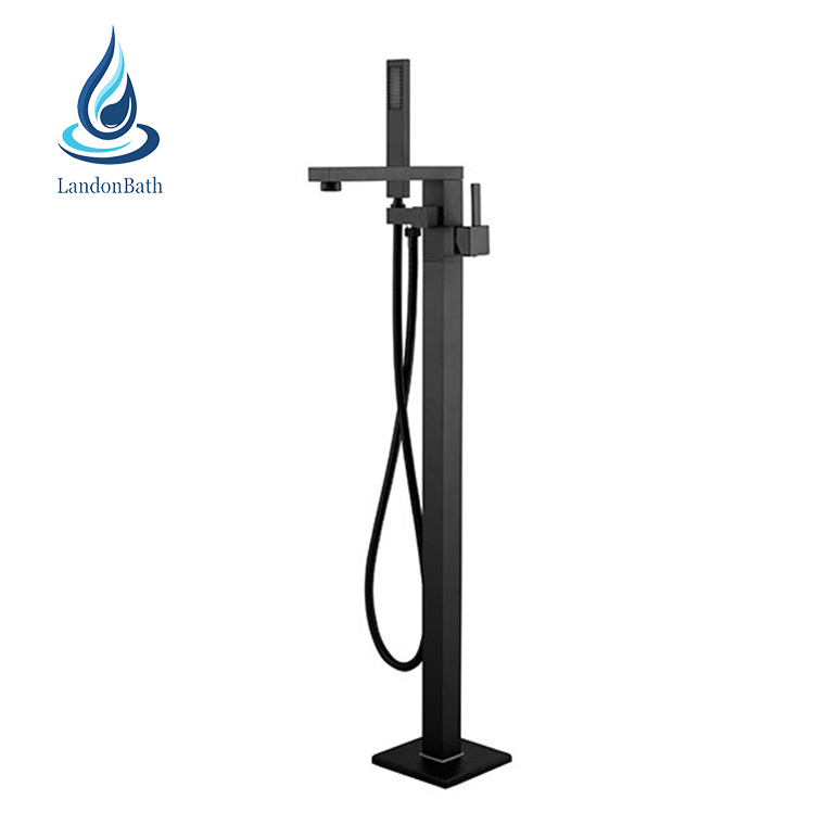 High Quality Brass Matt Matte Black Finish Floor Free Stand Freestanding Bathtub Faucet With Handshower