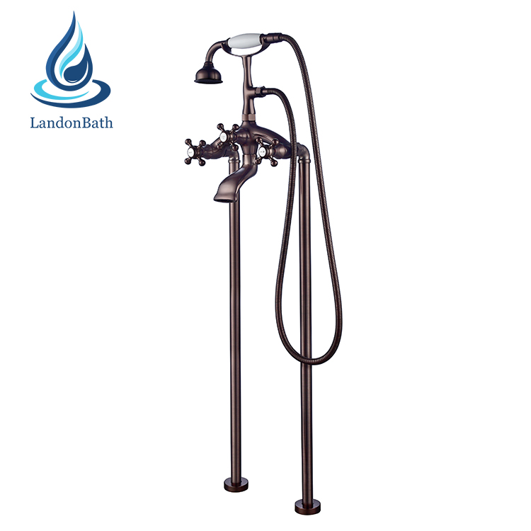 Champagne Bronze Freestanding Tub Filler Retro Faucet Bathtub Standing Antique Brass Shower Mixer Bath Hand