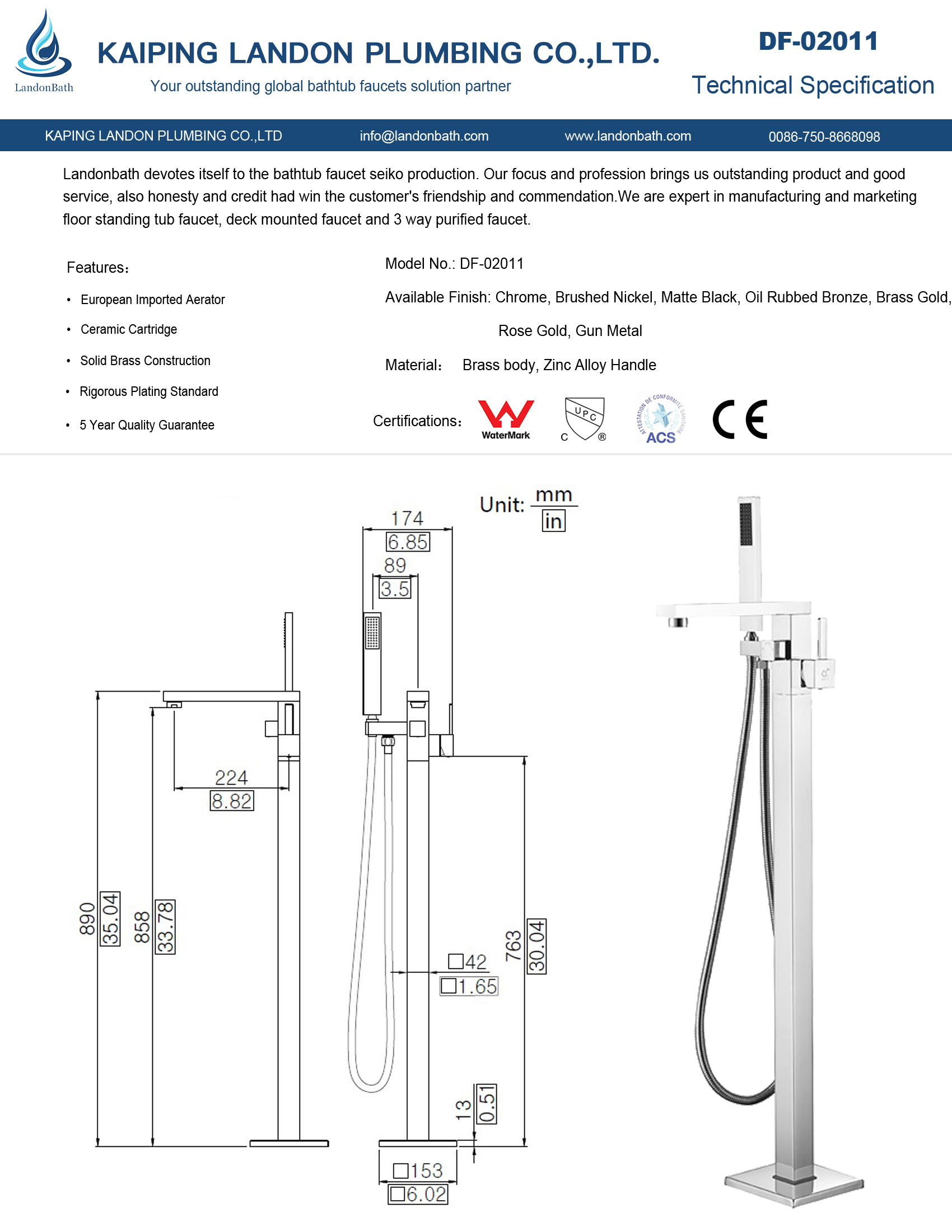 CE CUPC Watermark Matte Black Freestanding Bathtub Faucet Floor Mount Faucet with Shower Handset for Canada